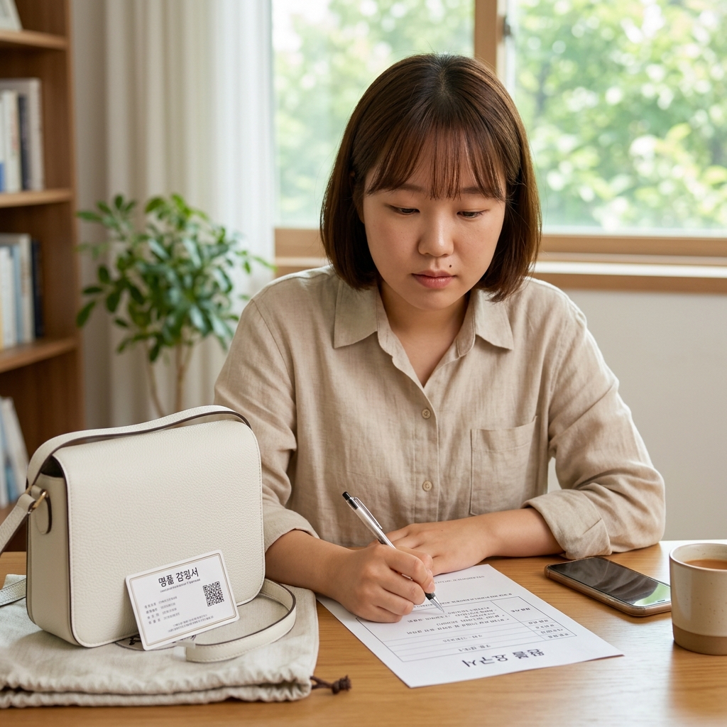명품 가방 감정서와 함께 환불 요구 서면 작성하는 장면