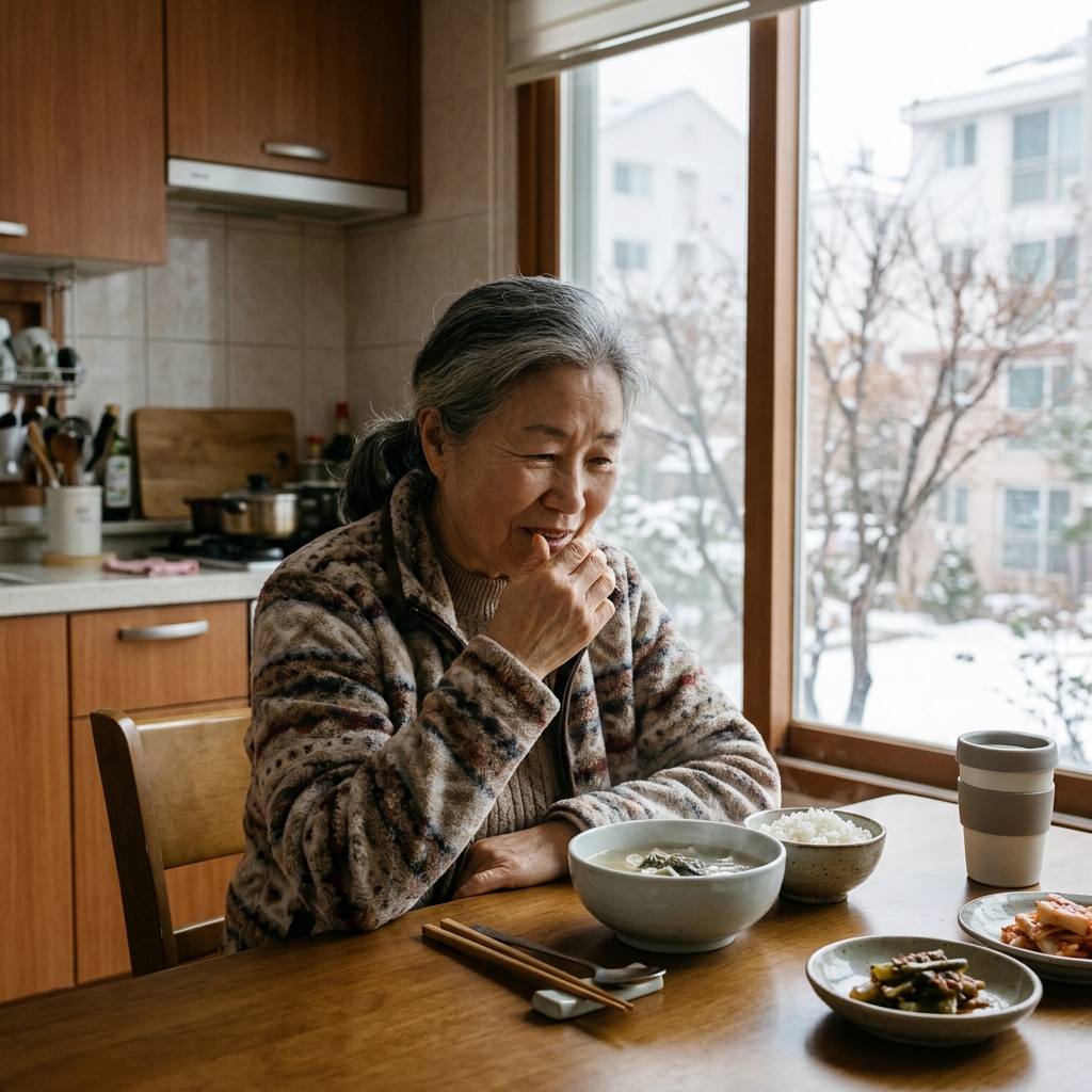 70대 여성이 주방 식탁에 앉아 국그릇 앞에서 입에 손을 대고 있는 장면, 창밖으로 겨울철 민 가지가 보임