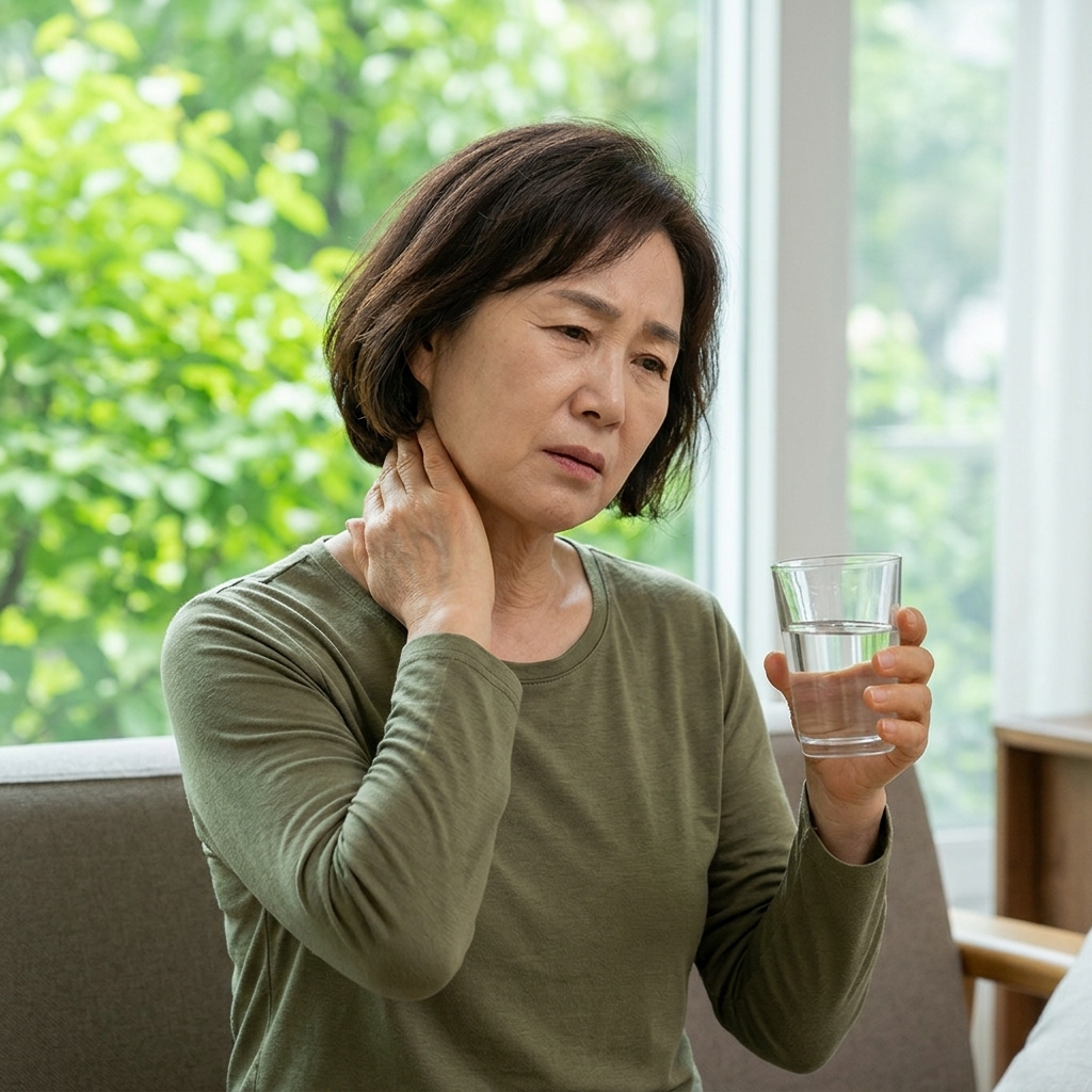 70대 남성이 실내에서 한 손으로 목 부위를 만지며 불편한 표정을 짓고, 다른 손에는 물컵을 들고 있는 모습, 얇은 긴팔 실내복 착용, 창밖으로 보이는 초록빛 잎
