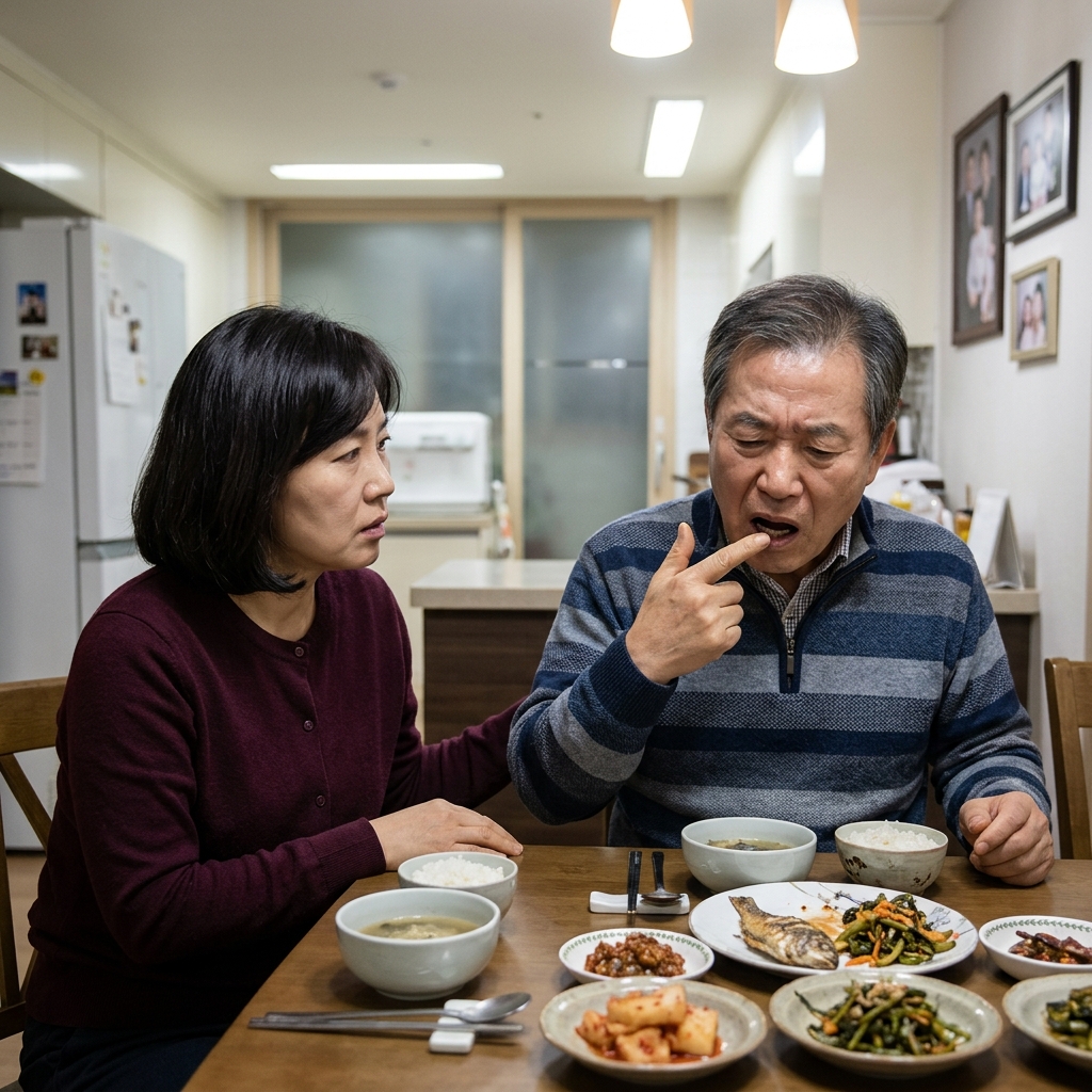 70대 남성이 식탁에서 식사 중 입을 가리키며 불편한 표정을 짓고 있고, 옆에서 50대 딸이 걱정스럽게 바라보는 장면