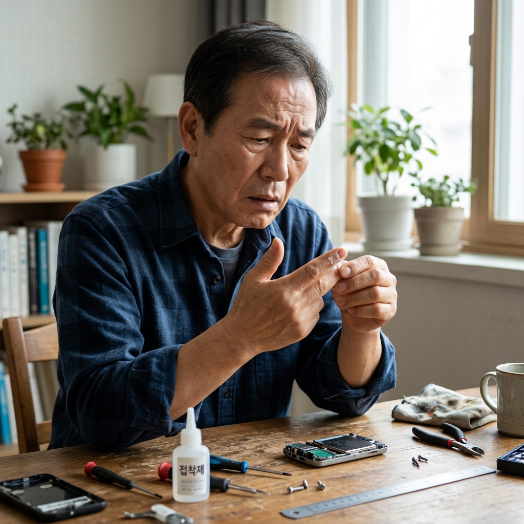 70대 남성이 손가락에 묻은 접착제를 확인하며 당황한 표정으로 손을 들어 보고 있는 장면, 실내 조명 아래 테이블 위 수리 도구들