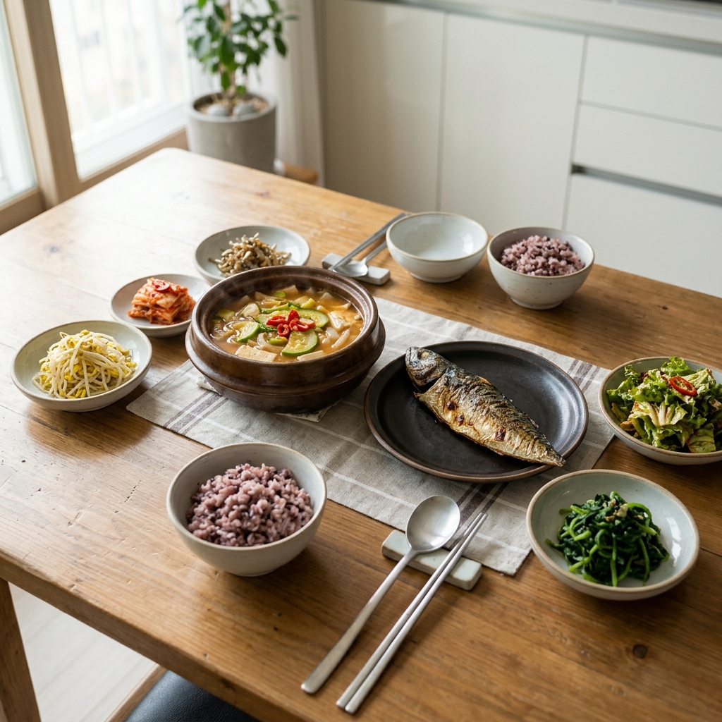 식탁 위 생선구이와 두부찌개, 채소 반찬이 담긴 한 끼 식사 장면, 자연광 아래 실내