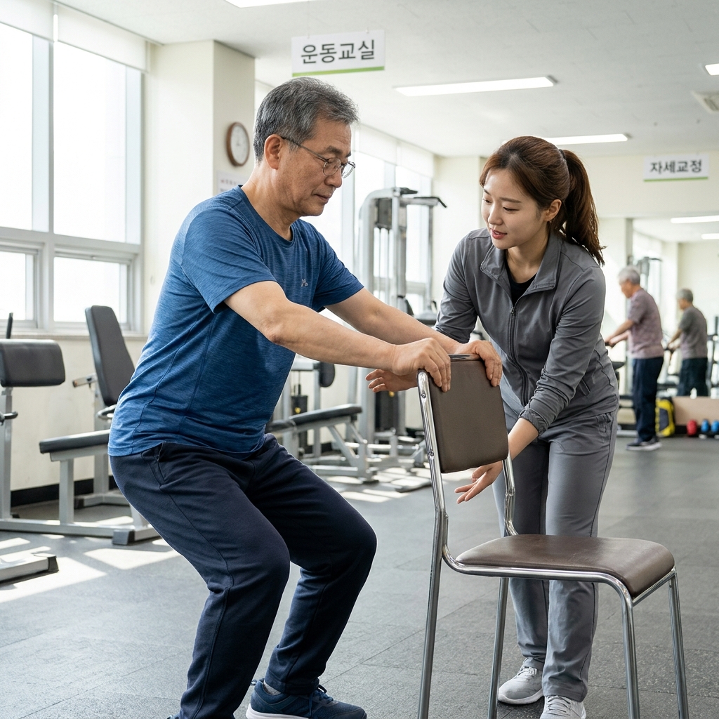 복지관 운동실에서 의자를 짚고 스쿼트 동작을 하는 60대 남성, 트레이너가 옆에서 자세를 확인하고 있는 장면