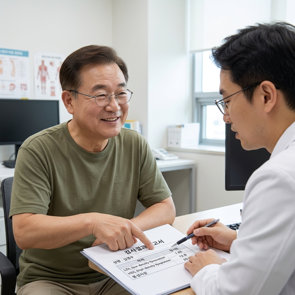 60대 후반 남성이 병원 진료실에서 의사와 함께 혈액검사 결과지를 보며 LDL, HDL, 중성지방 수치를 손가락으로 짚어 확인하는 모습, 실내 밝은 조명
