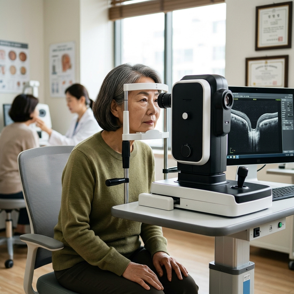 안과에서 시신경 검사를 받고 있는 70대 여성, 긴 소매 옷을 입고 의자에 앉아 검사 기기에 턱을 대고 있는 모습