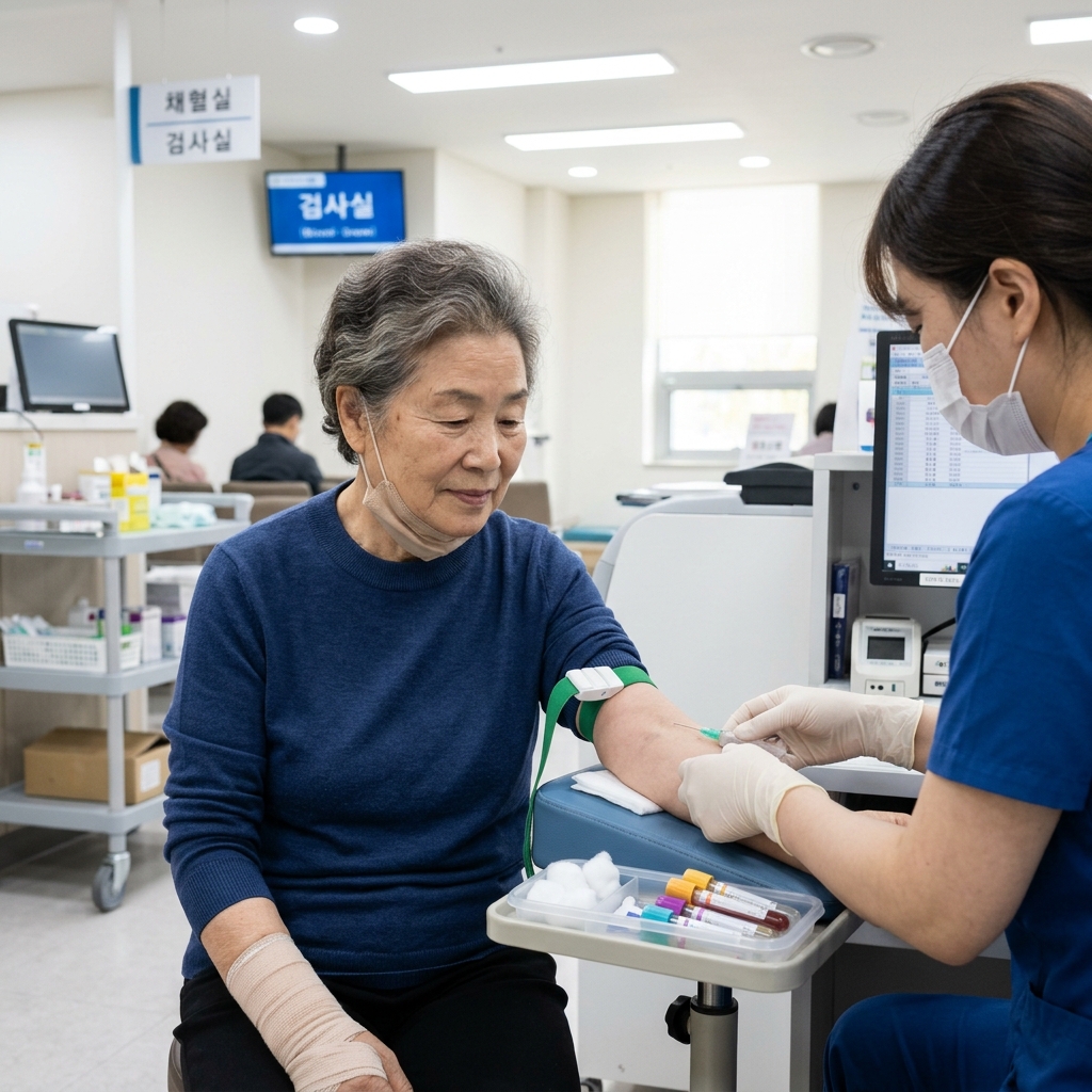 70대 여성이 병원 검사실에서 채혈을 받고 있는 모습, 밝은 실내 조명