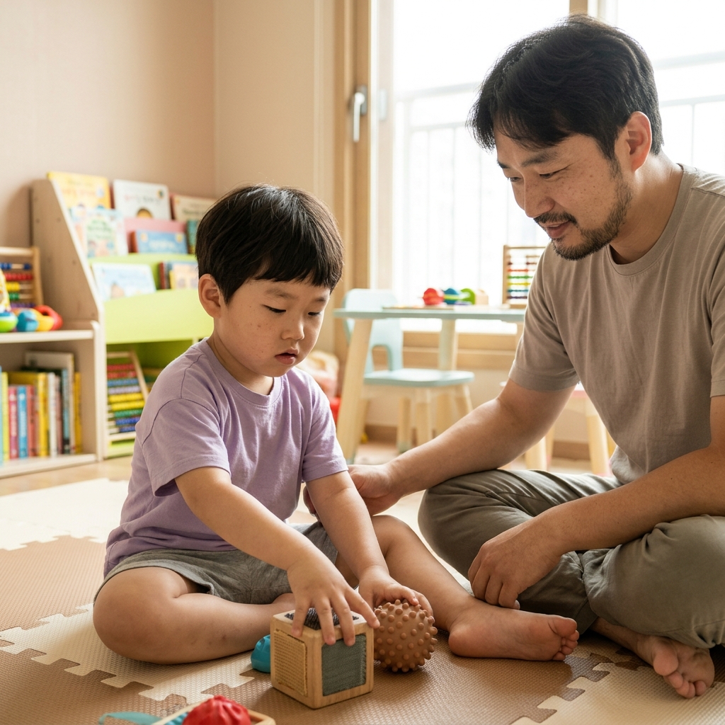 실내 놀이방 바닥에 앉아 손으로 다양한 질감의 장난감을 만지고 있는 4~5세 아동, 옆에서 부모가 부드럽게 지켜보는 모습, 햇살 들어오는 따뜻한 오전 분위기