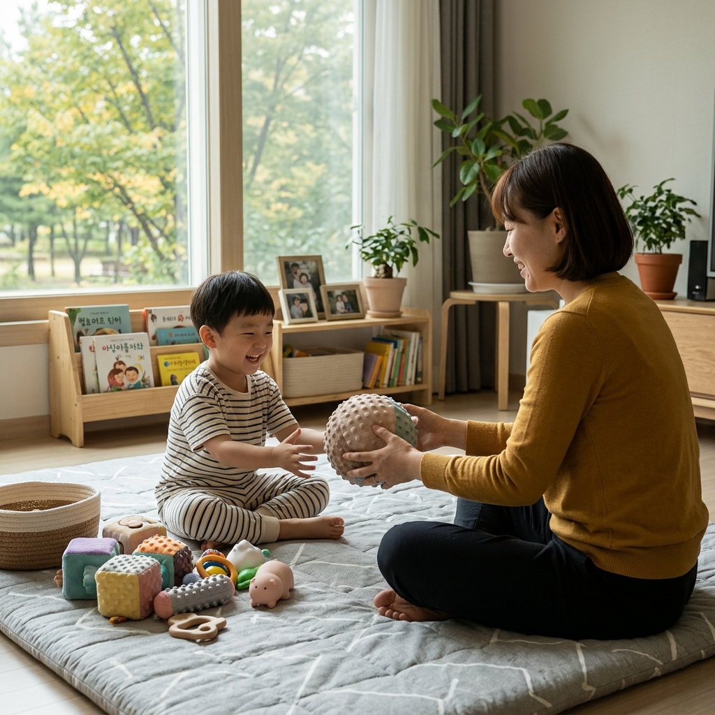 거실 바닥에 깔린 두꺼운 매트 위에서 엄마와 함께 부드러운 촉감 공을 굴리며 놀고 있는 5세 남아, 옆에 다양한 촉감 장난감들이 놓인 모습, 창밖으로 나뭇잎이 보이는 오후
