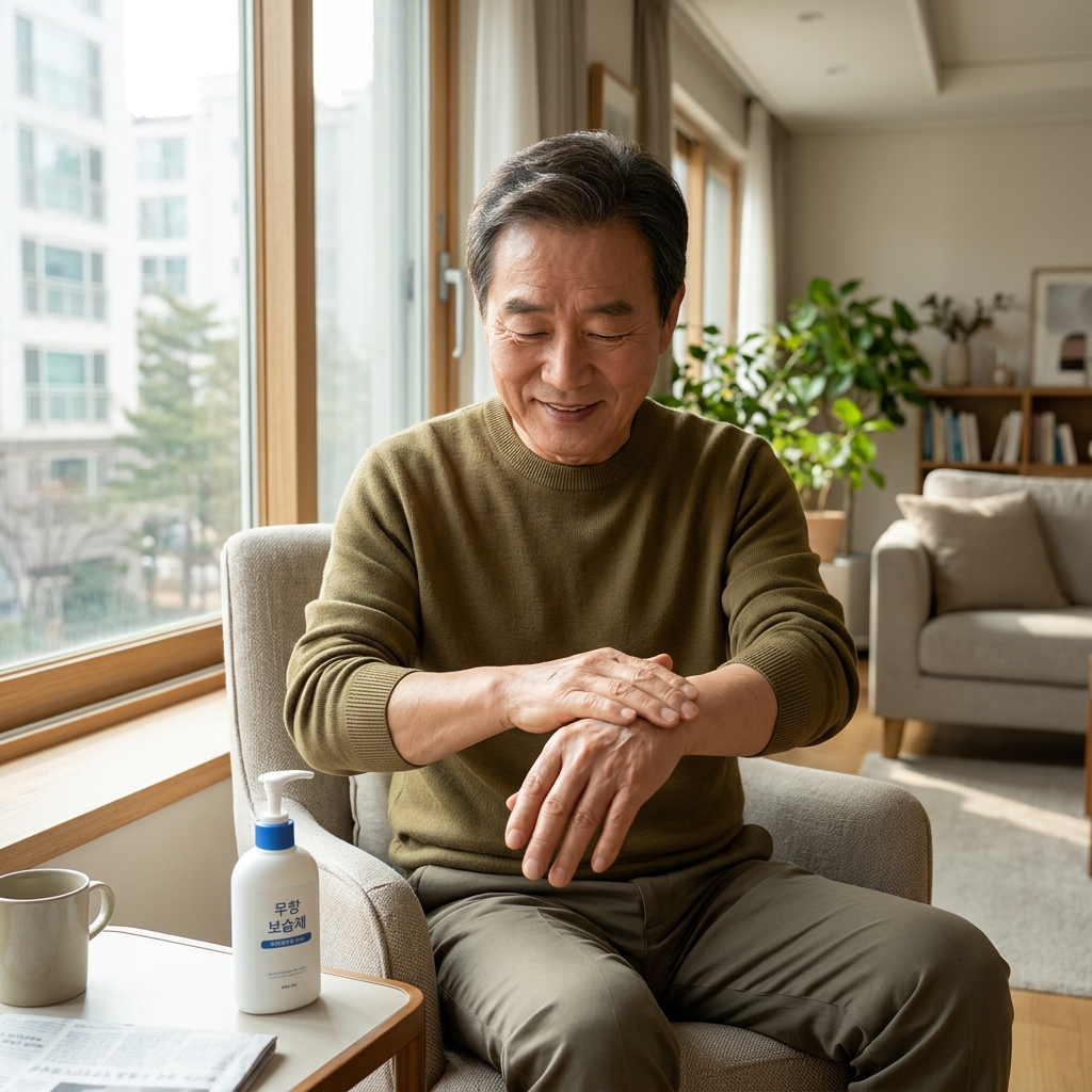 70대 남성이 거실 창가에서 손등과 팔에 무향 보습제를 바르고 있는 모습, 창밖으로 햇살이 부드럽게 들어옴