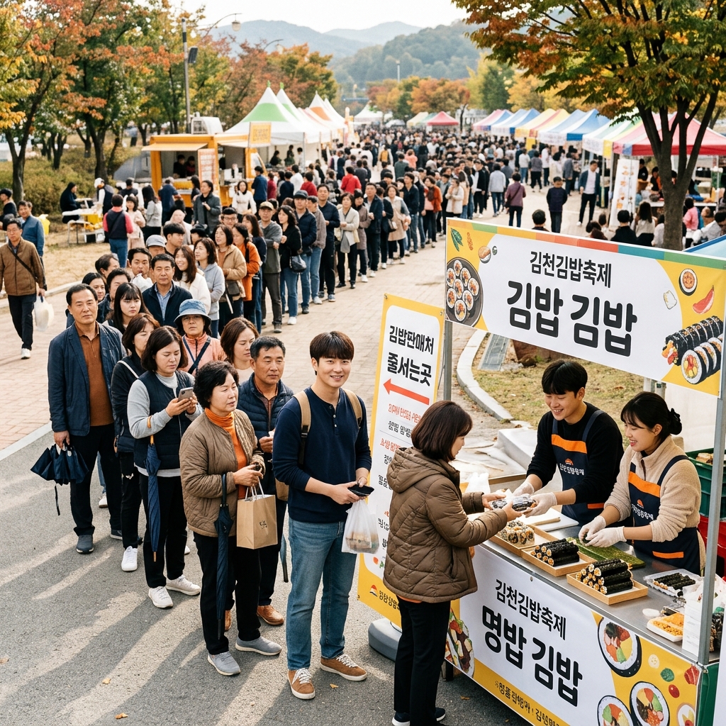 김천김밥축제 현장에 길게 늘어선 방문객 행렬과 김밥 판매 부스