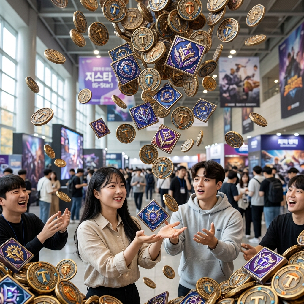 보물 토큰과 신화급 전략가 아이콘이 화면 가득 쏟아지는 장면
