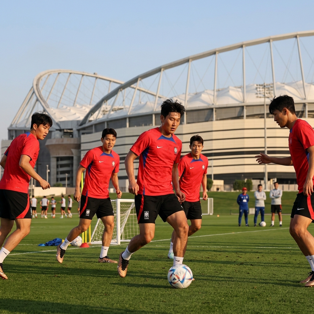 카타르 도하 경기장에서 훈련 중인 축구 대표팀 선수들
