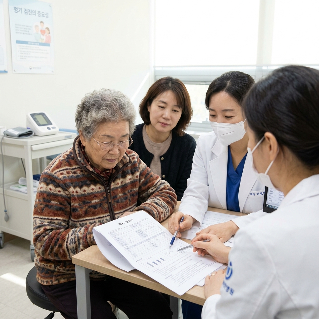 병원 진료실에서 의료진과 상담 중인 70대 여성, 검사 결과지를 함께 보고 있는 장면