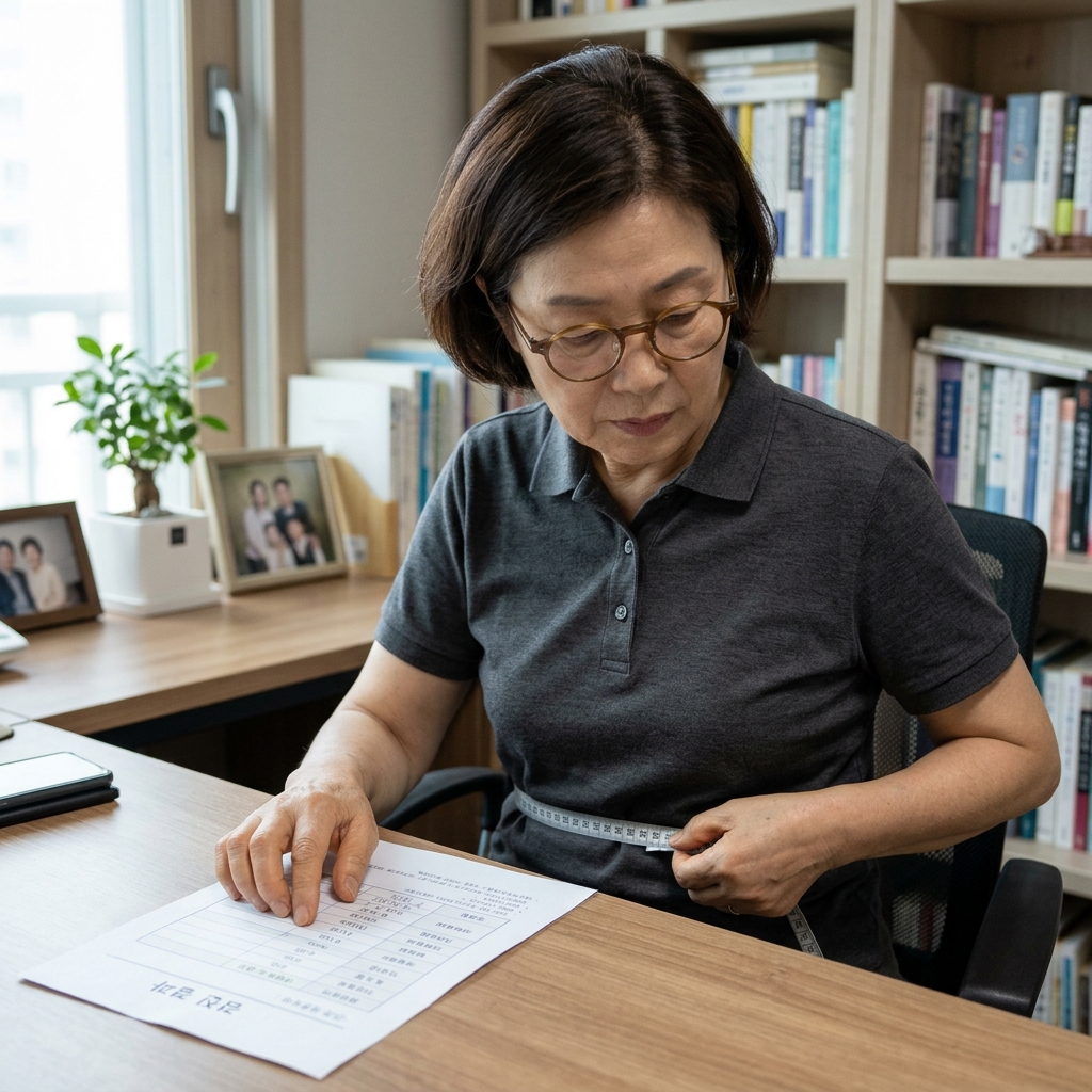 건강검진 결과지를 펼쳐놓고 허리둘레 수치를 확인하는 70대 남성, 실내 책상 앞, 안경 착용, 긴팔 셔츠