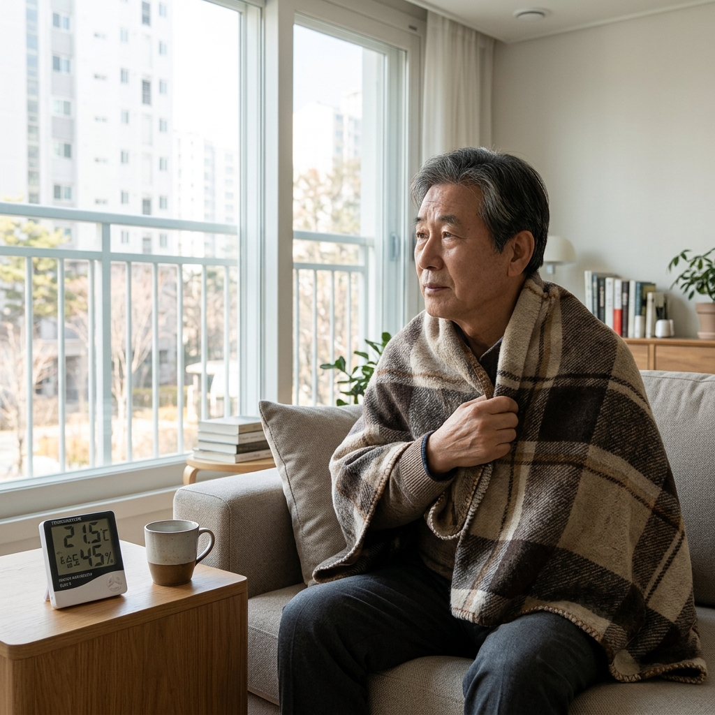 거실 소파에 앉아 손목에 담요를 덮고 있는 70대 남성, 창밖은 밝지만 실내 온도계가 보이는 장면