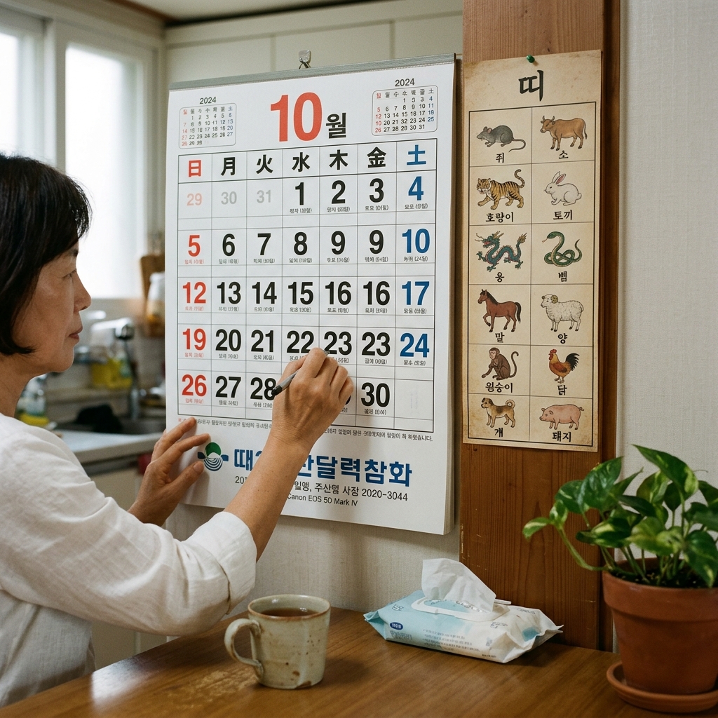 달력과 띠 표시가 함께 있는 장면