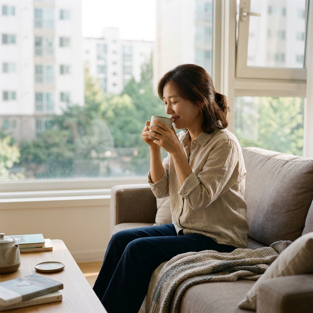 창가 소파에서 차 한 잔을 천천히 마시는 40대 여성, 얇은 셔츠 차림