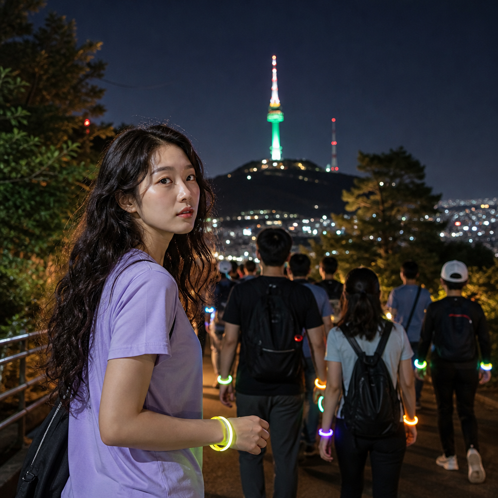 야광 팔찌를 착용하고 남산 야경을 배경으로 걷는 참가자들의 모습