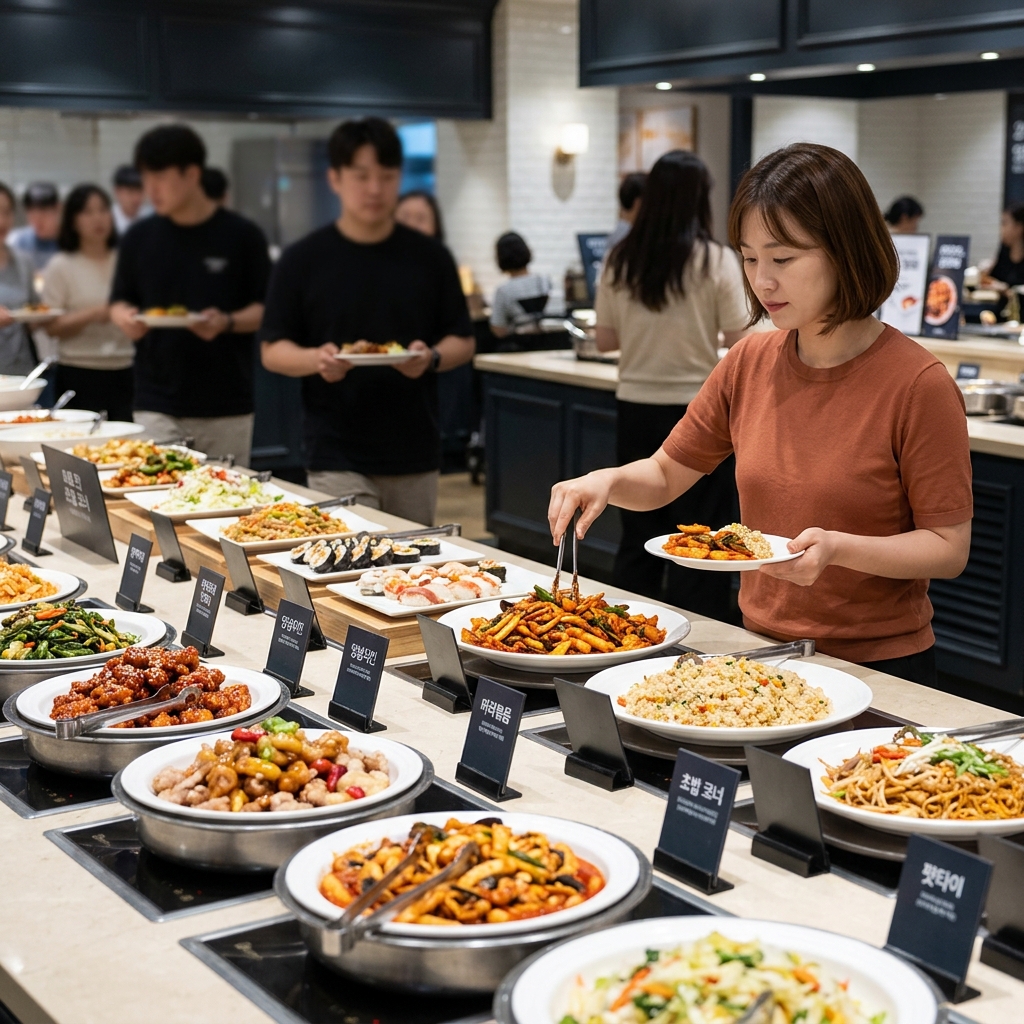 애슐리퀸즈 뷔페 테이블에 다양한 아시아 요리가 놓여 있는 장면