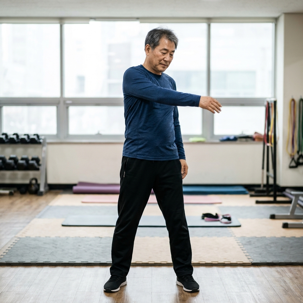 실내에서 긴팔 운동복을 입은 60대 남성이 팔을 천천히 돌리며 가볍게 몸을 푸는 모습