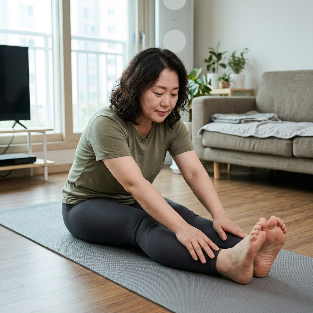 운동복 차림의 60대 여성이 실내에서 매트 위에 앉아 다리를 앞으로 뻗고 허벅지 뒤쪽을 천천히 늘리는 모습