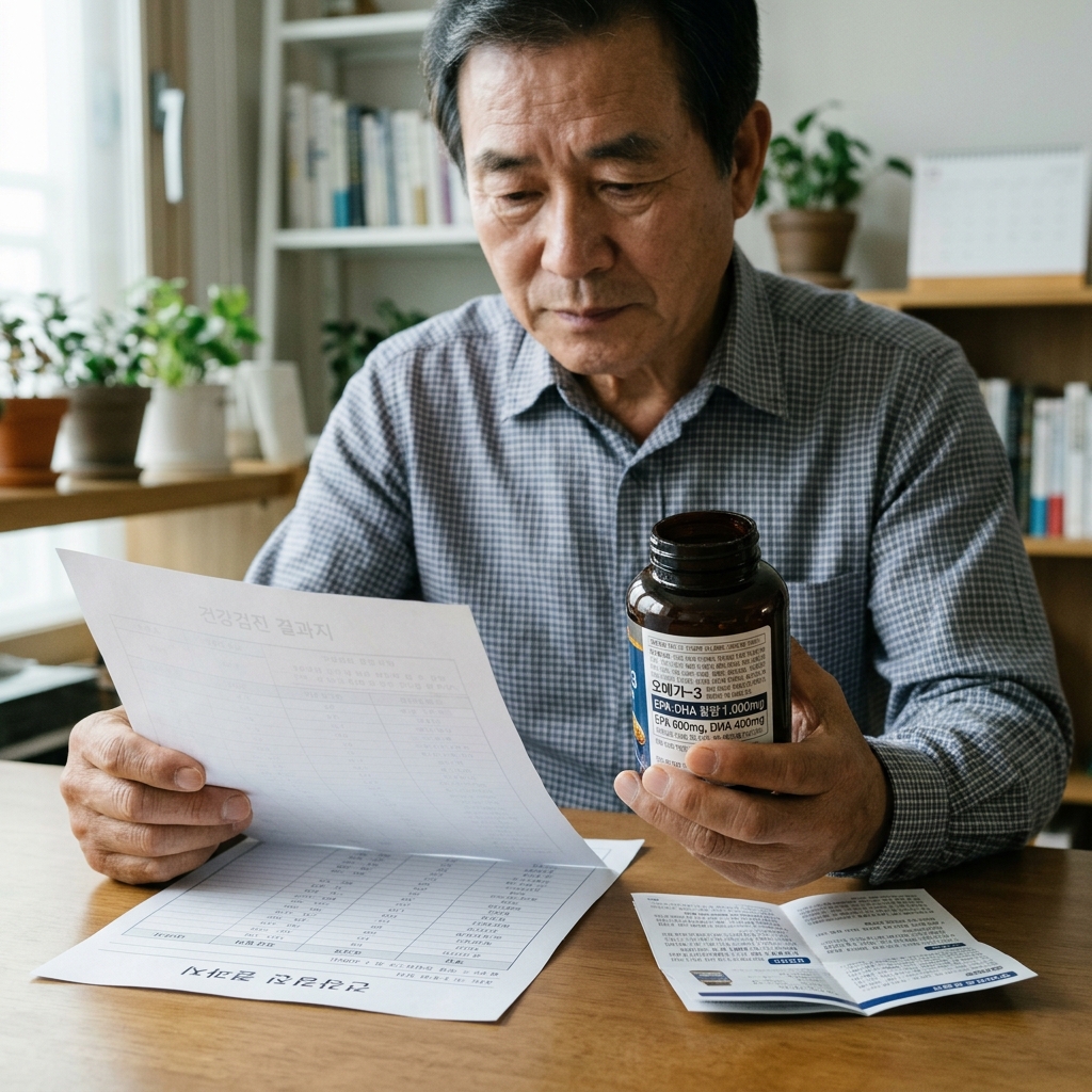 건강검진 결과지를 살피며 오메가3 제품 라벨의 EPA·DHA 함량을 확인하는 60대 후반 남성의 손과 제품 설명서