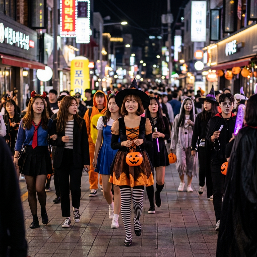 핼러윈 복장을 한 시민들이 밤 거리를 걷는 모습