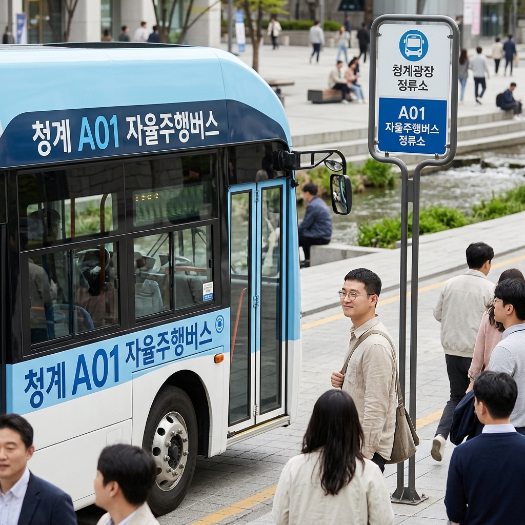 청계광장 정류소에서 출발 대기 중인 청계 A01 자율주행버스