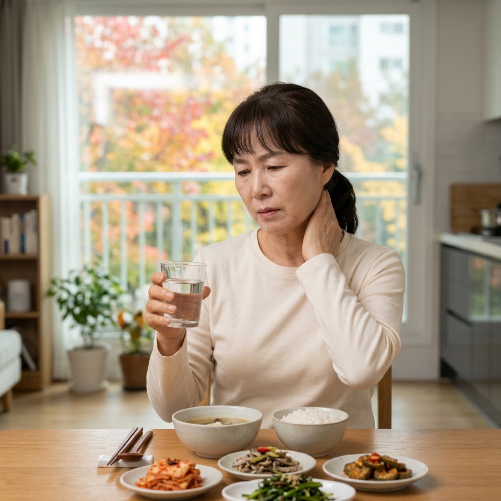 실내 식탁에서 물컵을 들고 식사 중 목 불편함을 느끼는 70대 여성의 모습, 긴소매 옷차림, 창밖으로 보이는 가을 단풍