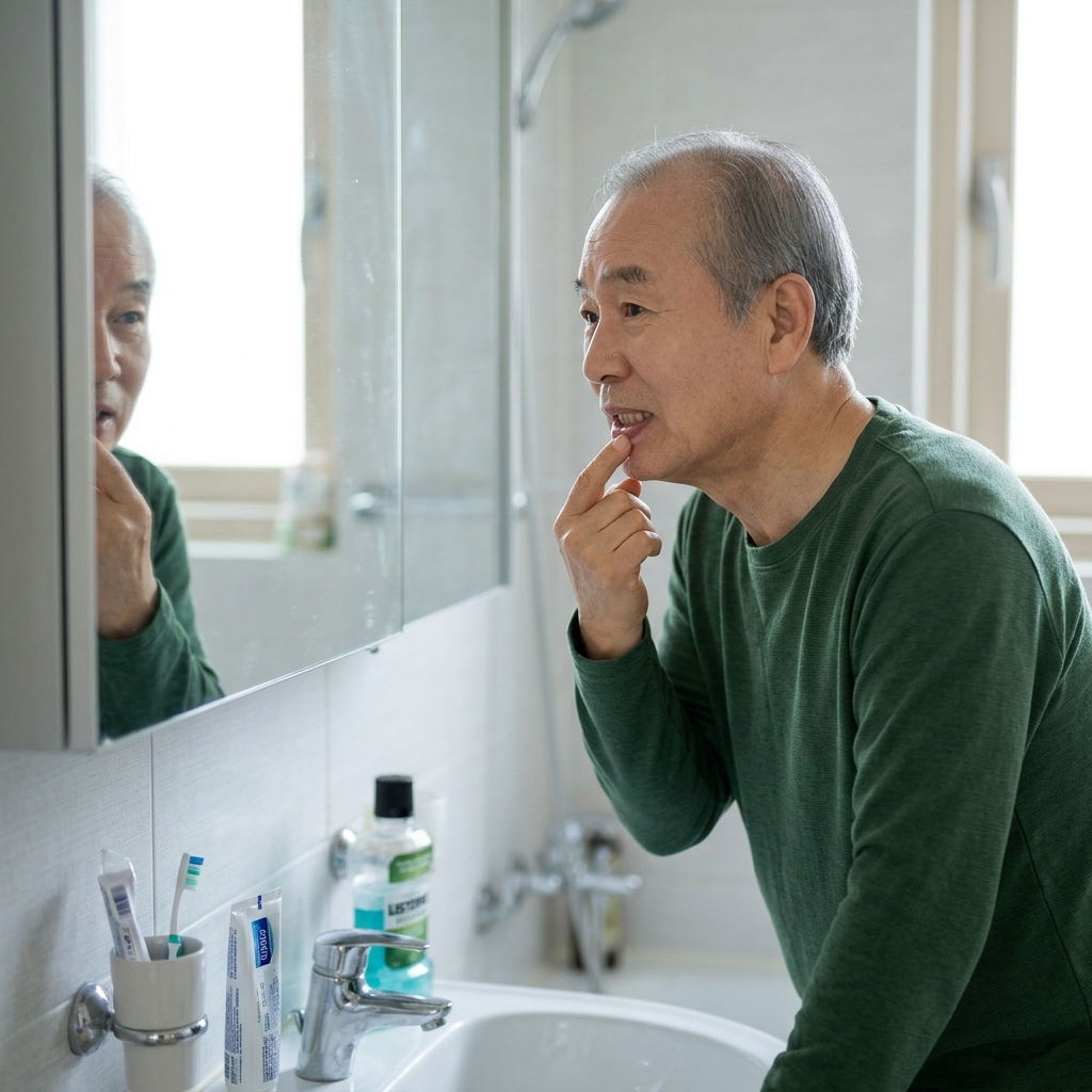 거울을 보며 잇몸 상태를 확인하는 70대 남성의 모습, 긴소매 셔츠 차림, 실내 화장실 배경
