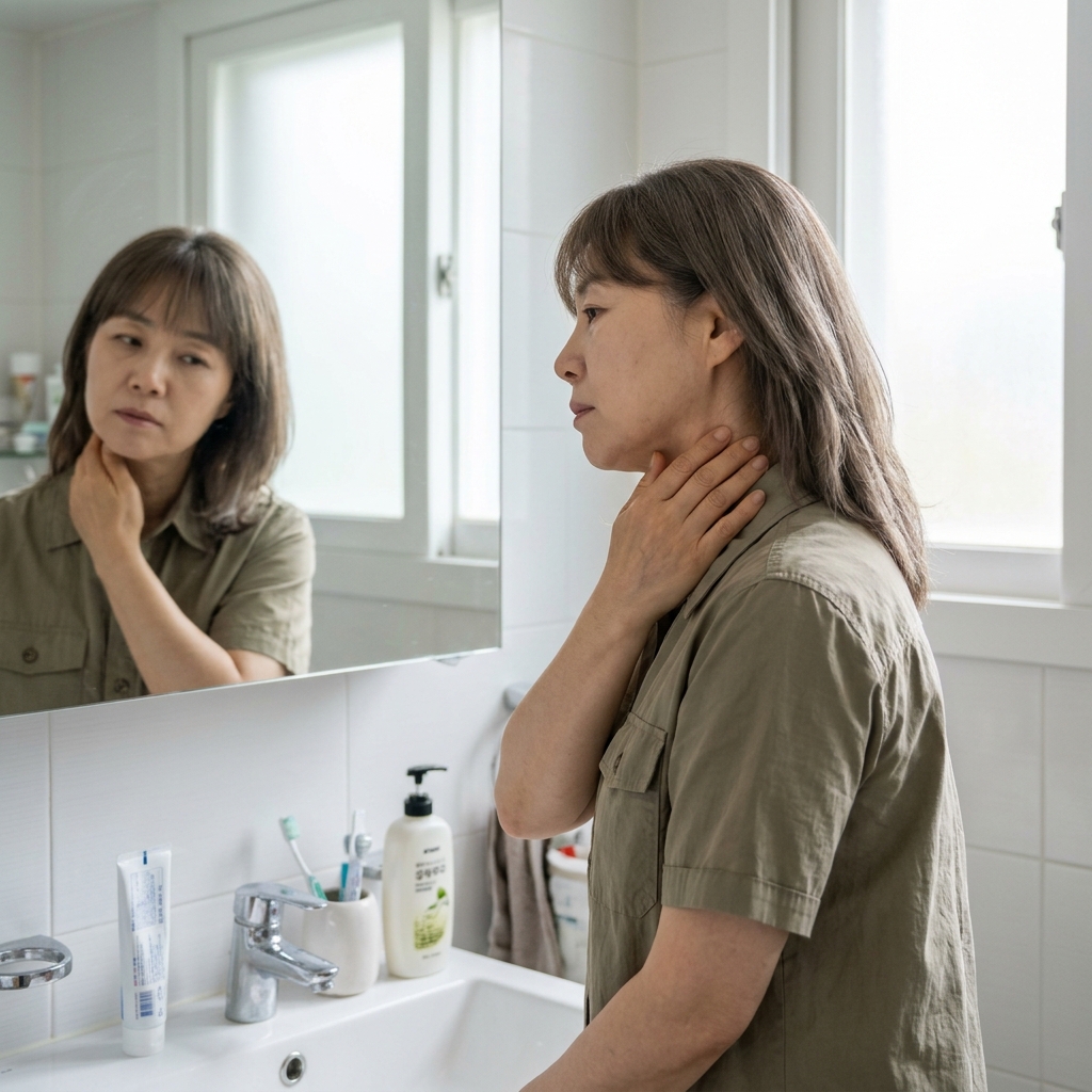 50대 여성이 목 뒤 피부를 거울로 확인하며 손으로 만져보는 장면