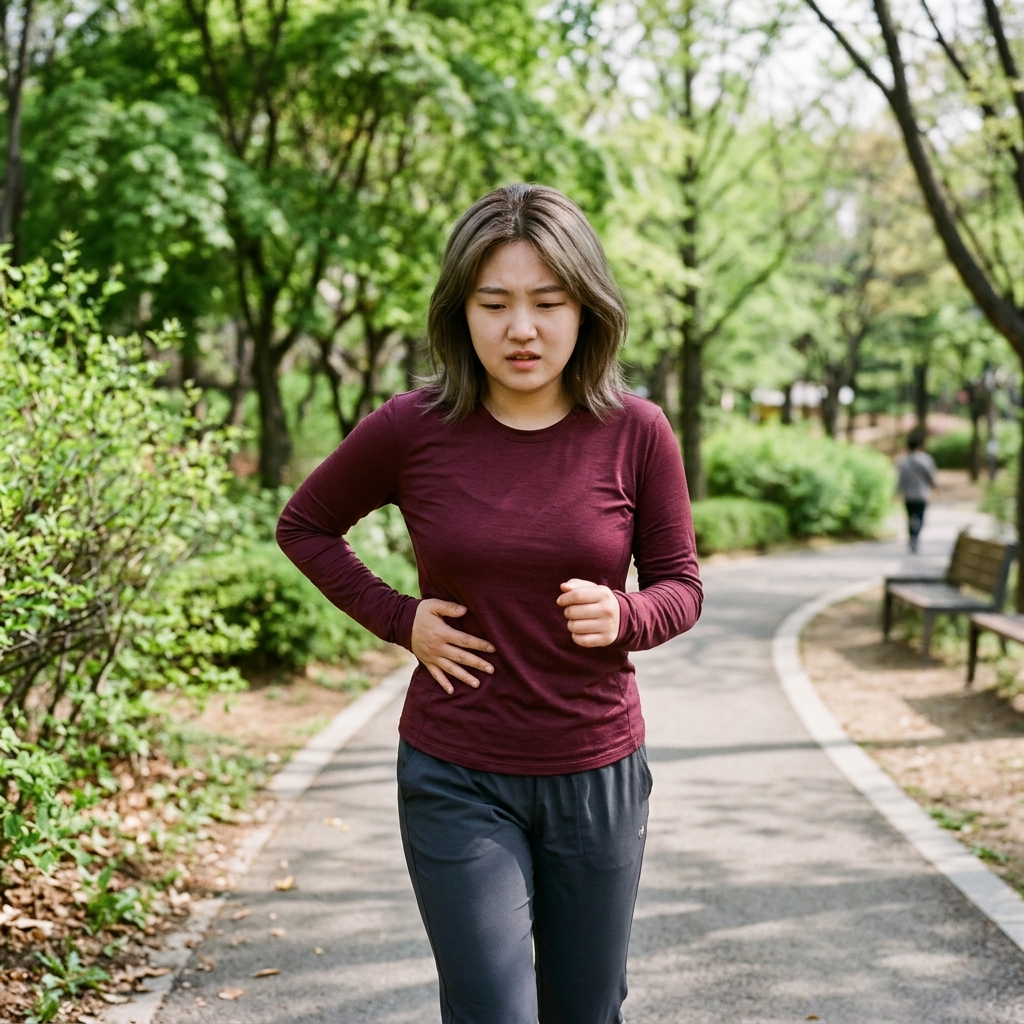 50대 중년 남성이 공원 산책로에서 달리기 중 오른쪽 옆구리를 손으로 누르며 속도를 늦추는 모습, 가벼운 긴팔 티셔츠와 트레이닝 바지 차림, 주변에 신록이 우거진 봄 풍경