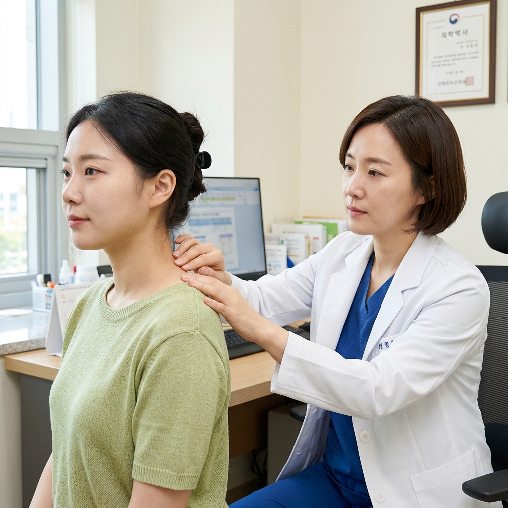 의사가 환자의 목 뒤 피부를 손으로 만져 질감을 확인하는 진료 장면