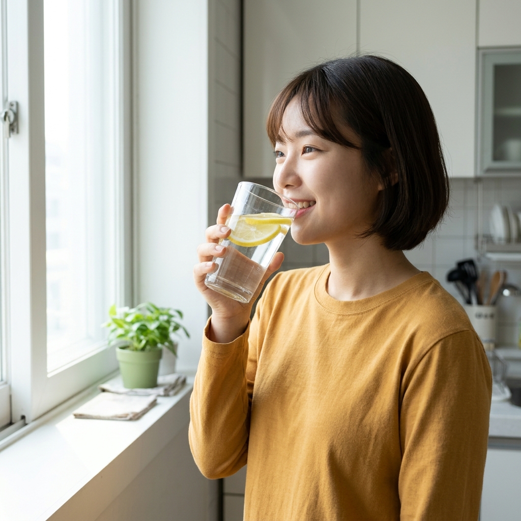 투명한 유리컵에 레몬 슬라이스가 띄워진 물을 손으로 들고 있는 모습, 밝은 주방 창가