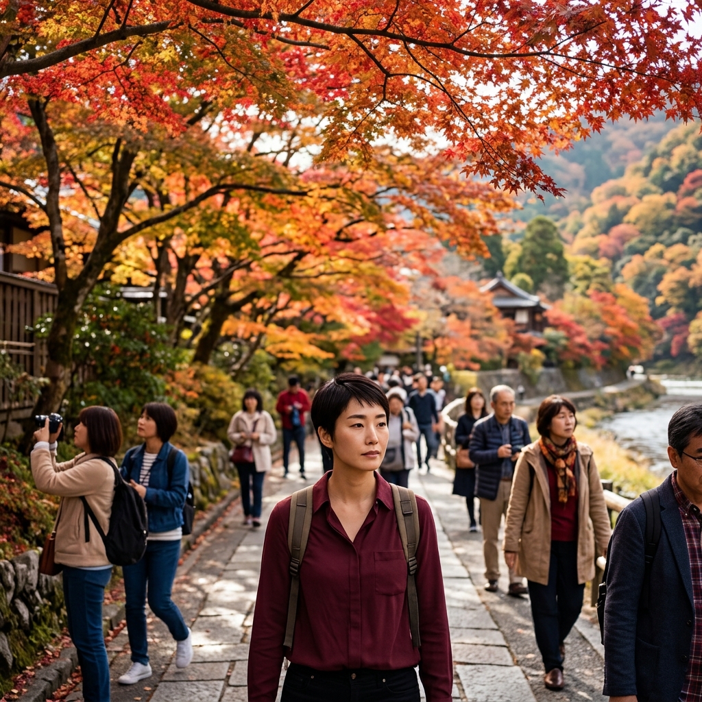 교토 아라시야마의 붉게 물든 단풍나무 아래 산책로를 걷는 여행객들