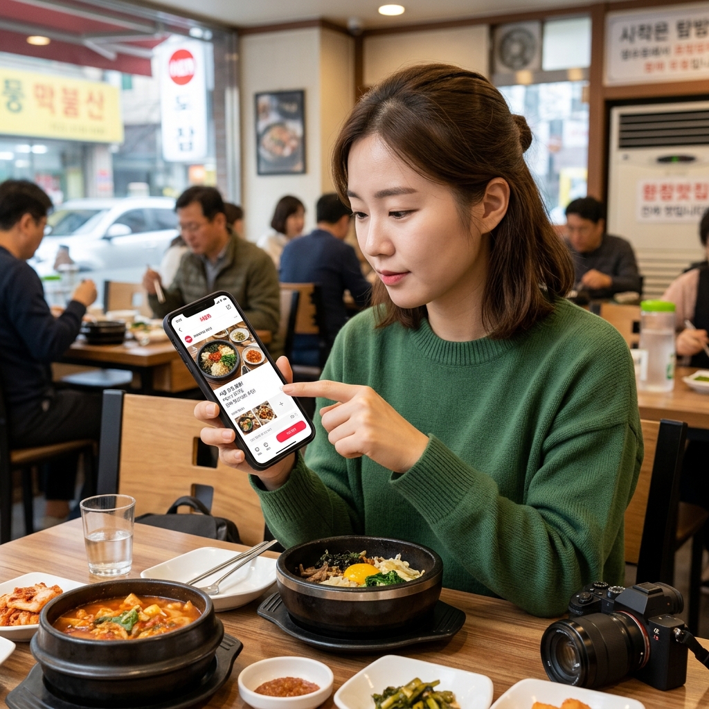샤오홍슈 앱에서 한국 맛집 게시물을 작성하는 장면