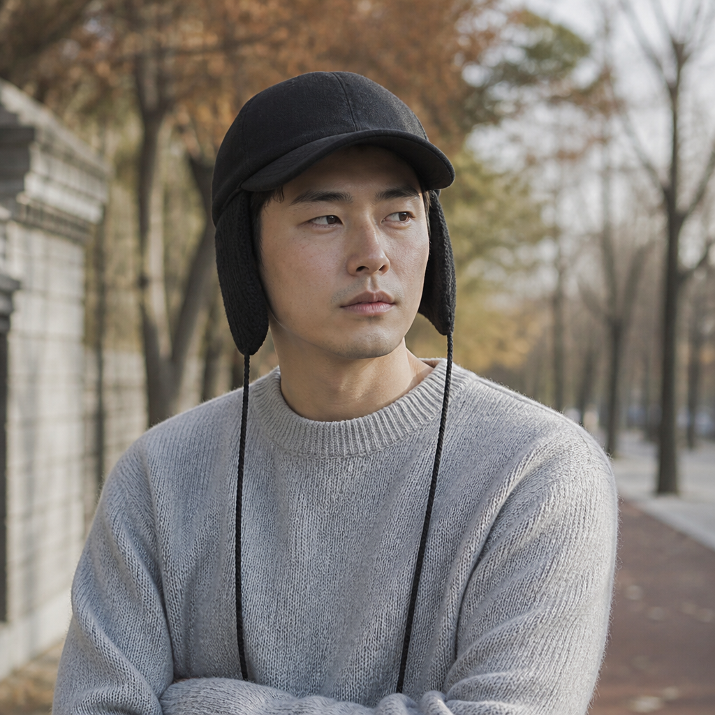 볼캡에 니트 귀도리가 달린 캡모자를 착용한 모습